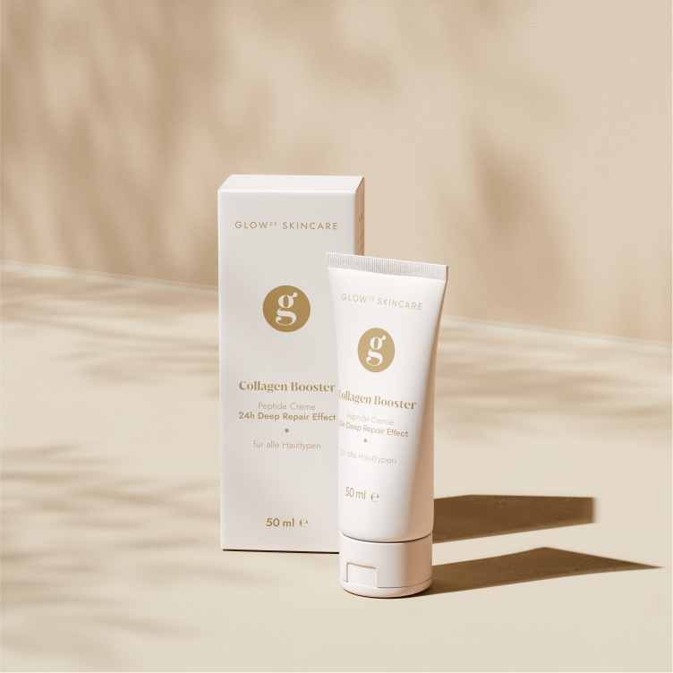 Voordelen van Glow25 Collagen Booster Cream met unieke peptideformule, stimuleert collageenproductie en vermindert fijne lijntjes. Tube en verpakking van 50 ml.