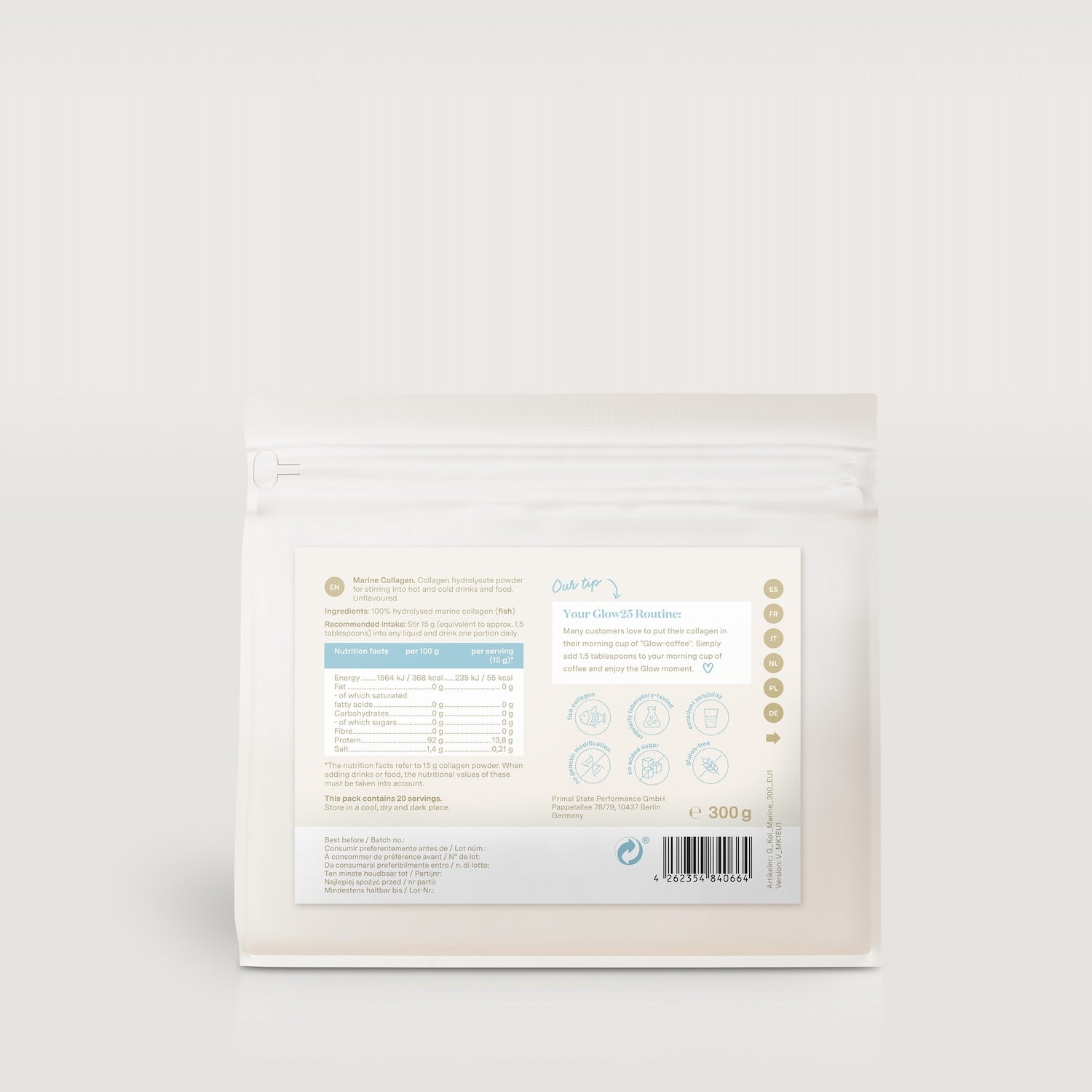 Achterkant van Glow25 Collageen Marine verpakking met duidelijke ingrediënten- en voedingswaardetabel.