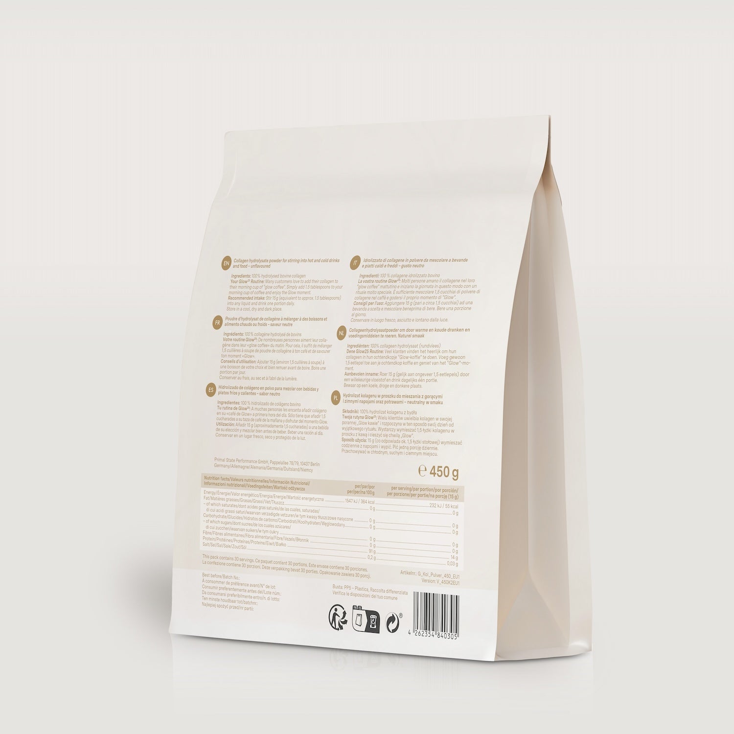 Achterkant van Glow25 Collageenpoeder verpakking met duidelijke voedingswaarden, ingrediënten en gebruiksaanwijzing.