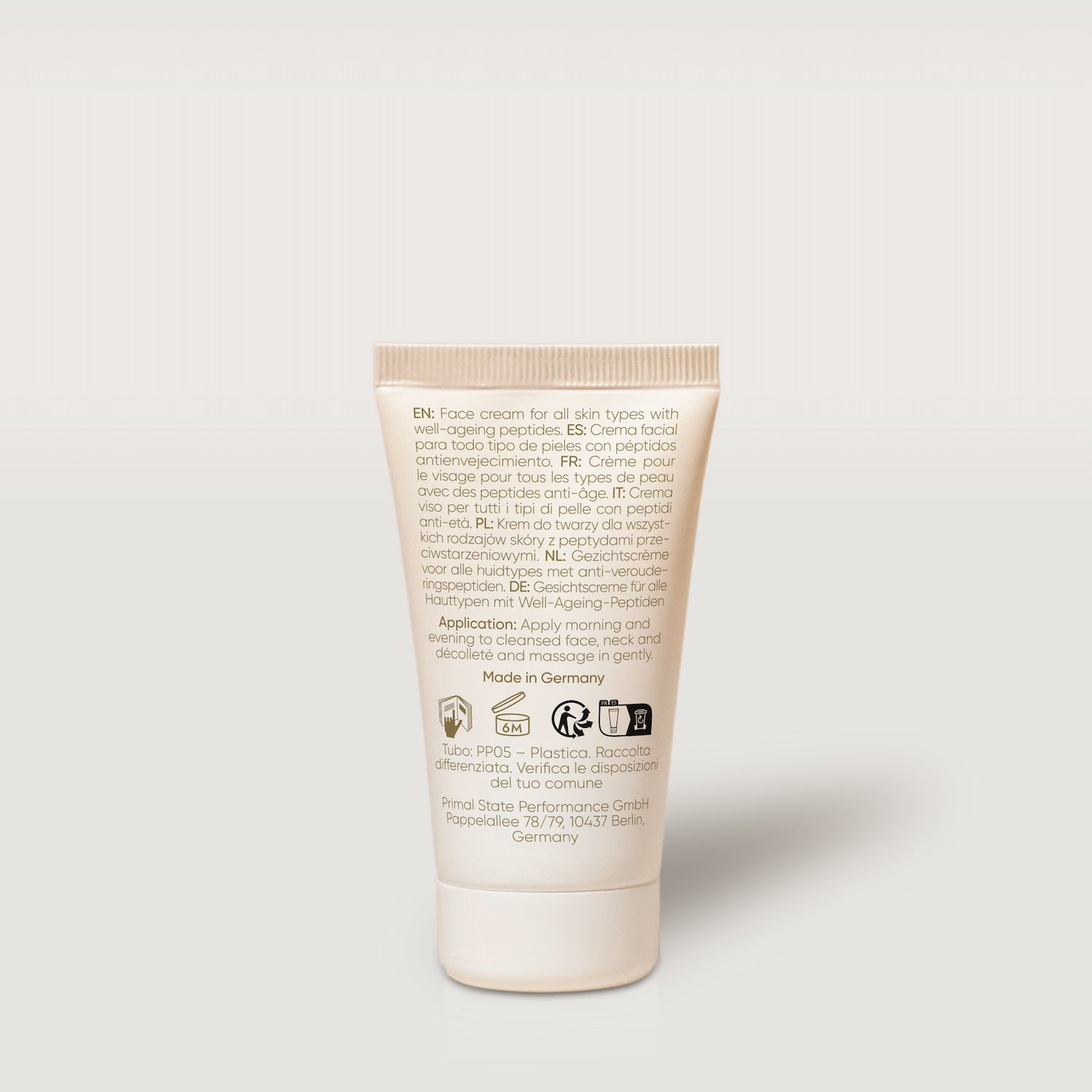Achterkant van Glow25 Collageen Booster Cream tube, hoogwaardige pro-aging crème met hyaluronzuur en vitamine C voor gezicht en lichaam.