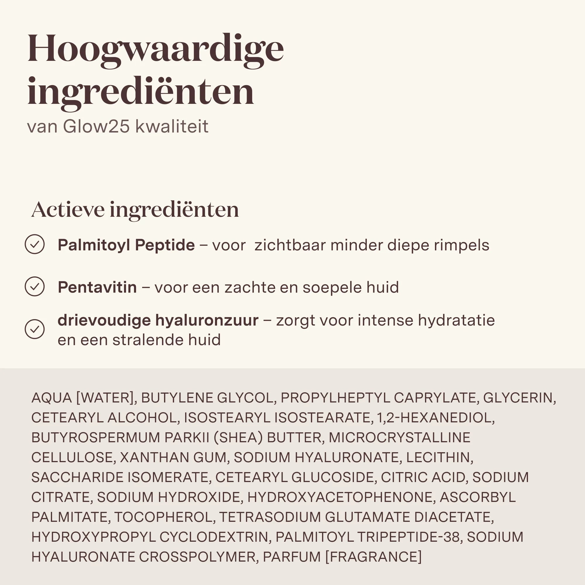 Overzicht van hoogwaardige ingrediënten in Glow25 Collageen Booster Cream, zoals palmitoyl-peptiden, hyaluronzuur en vitamine C.