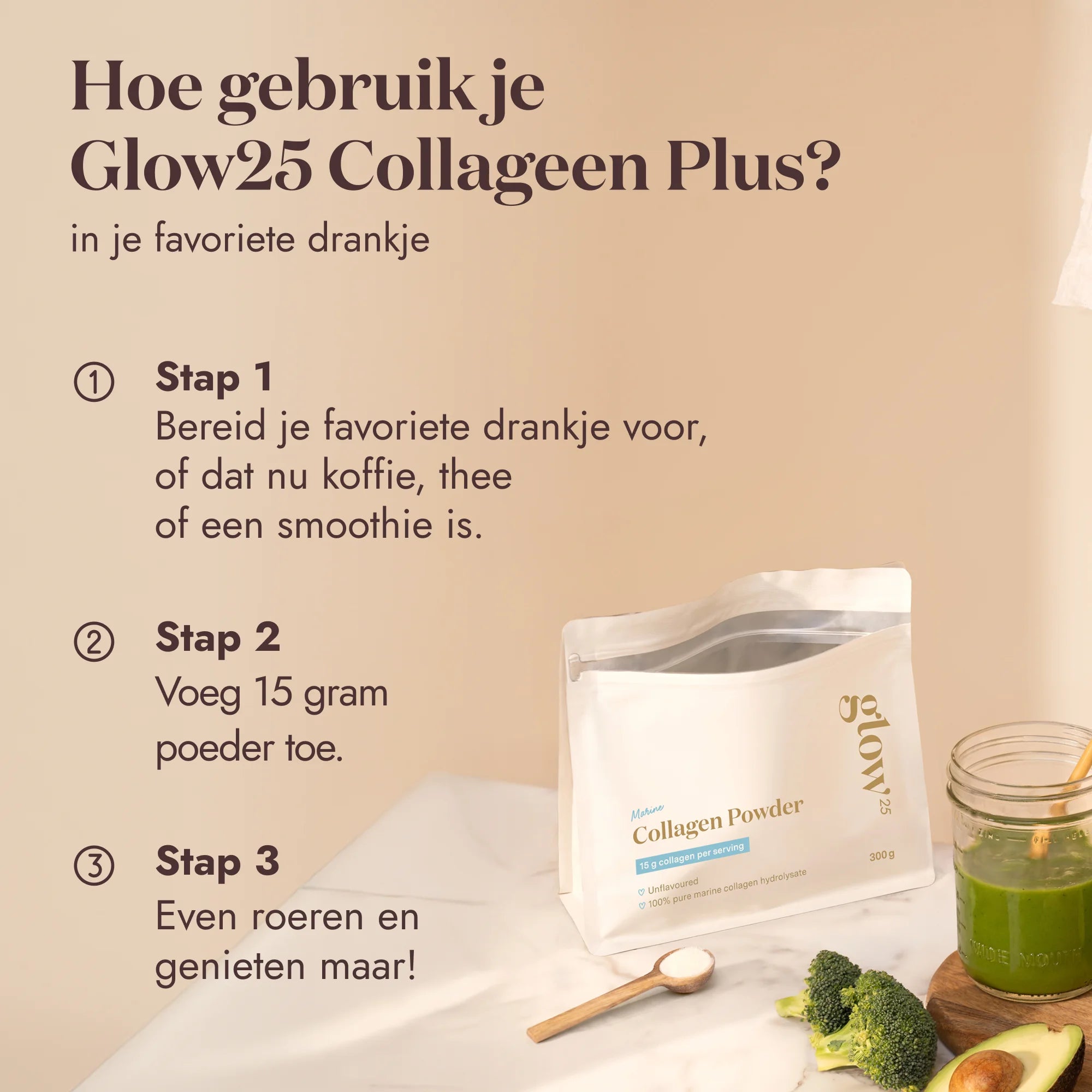 Uitleg over het gebruik van Glow25 Collageen Marine, inclusief aanbevolen dosering en mengtips.