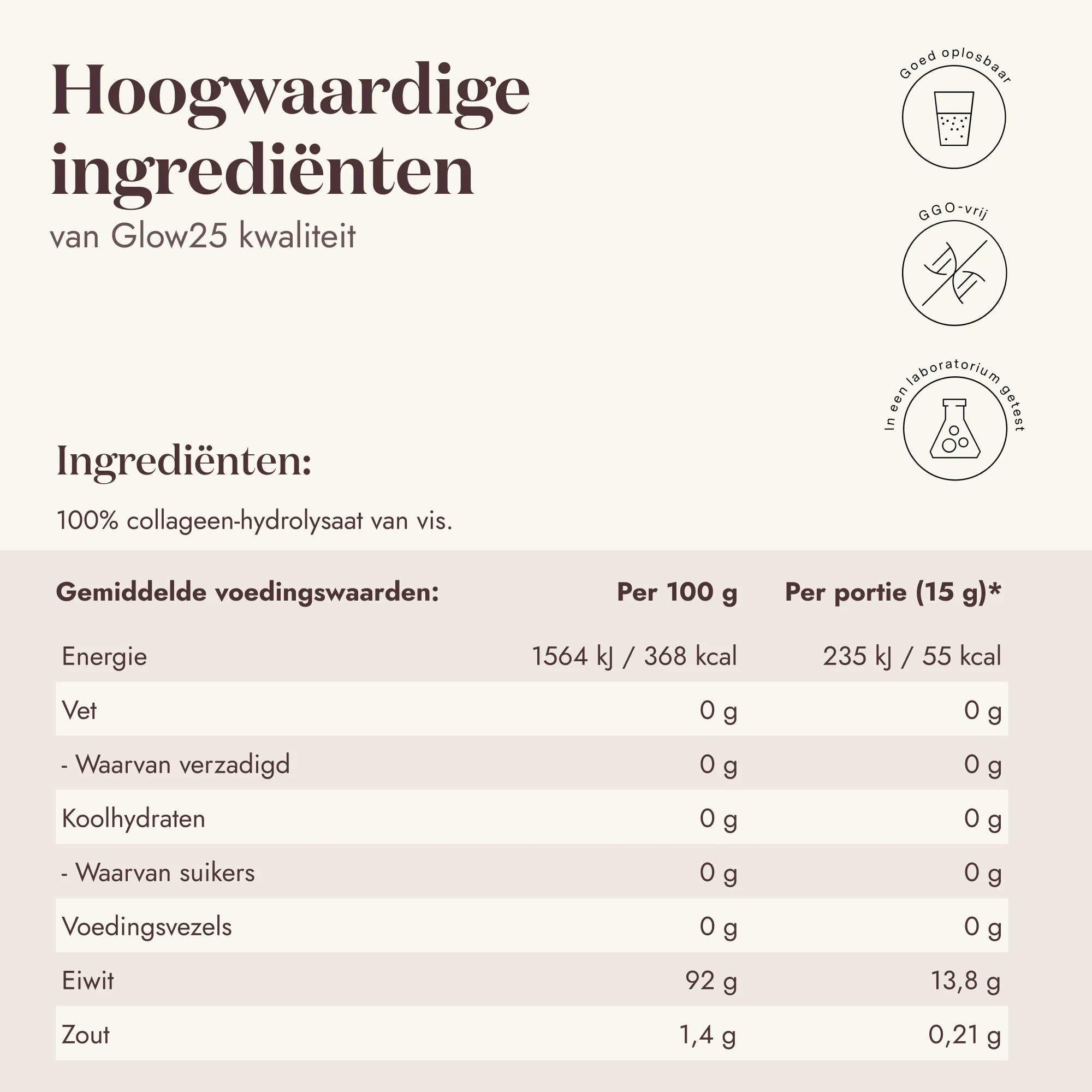 Overzicht van voedingswaarden in Glow25 Collagen Marine, 100% viscollageen. Gehydrolyseerd.