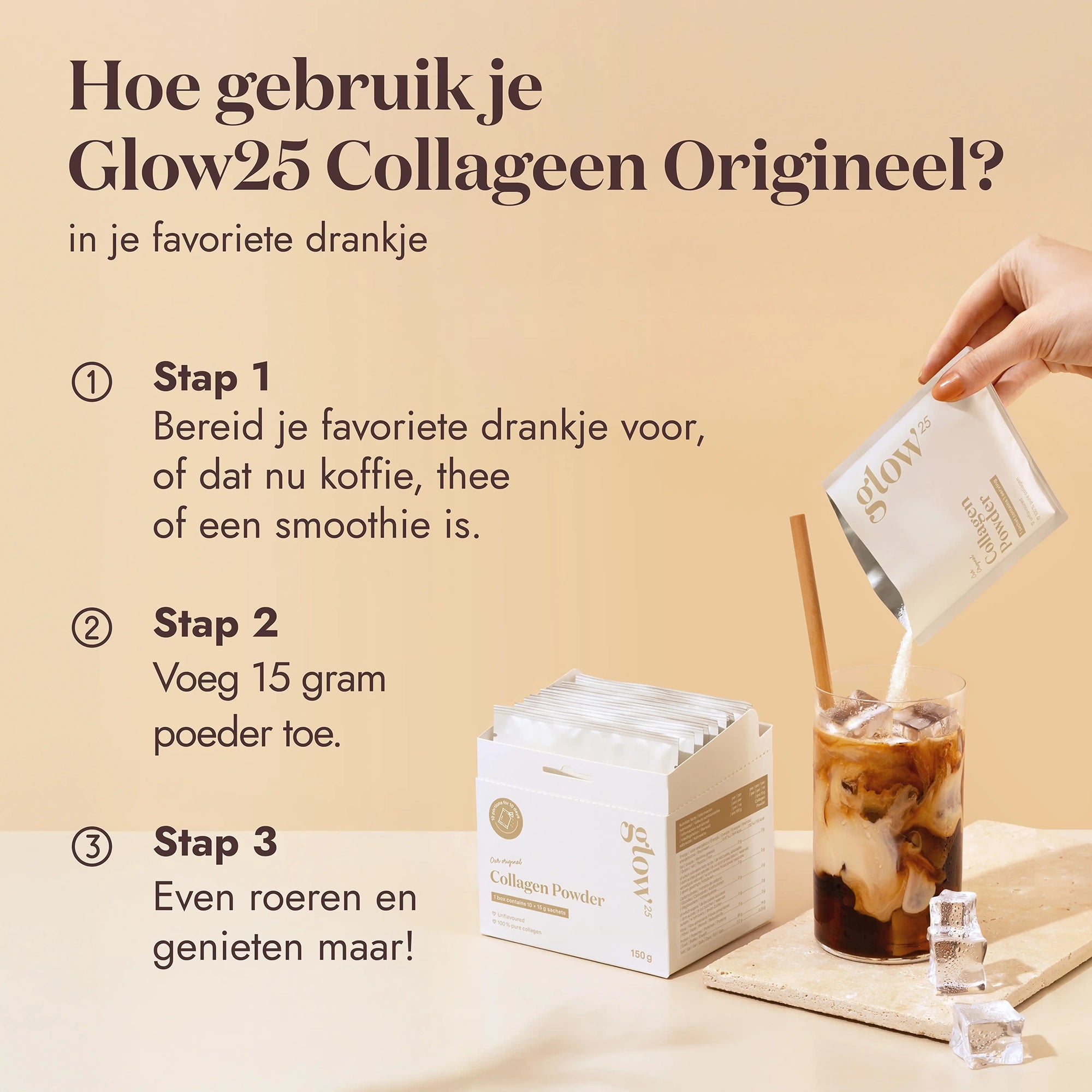 Illustratie met stappenplan voor gebruik van Glow25 collageenpoeder in koude dranken zoals ijskoffie of smoothies, met duidelijke visuele ondersteuning.