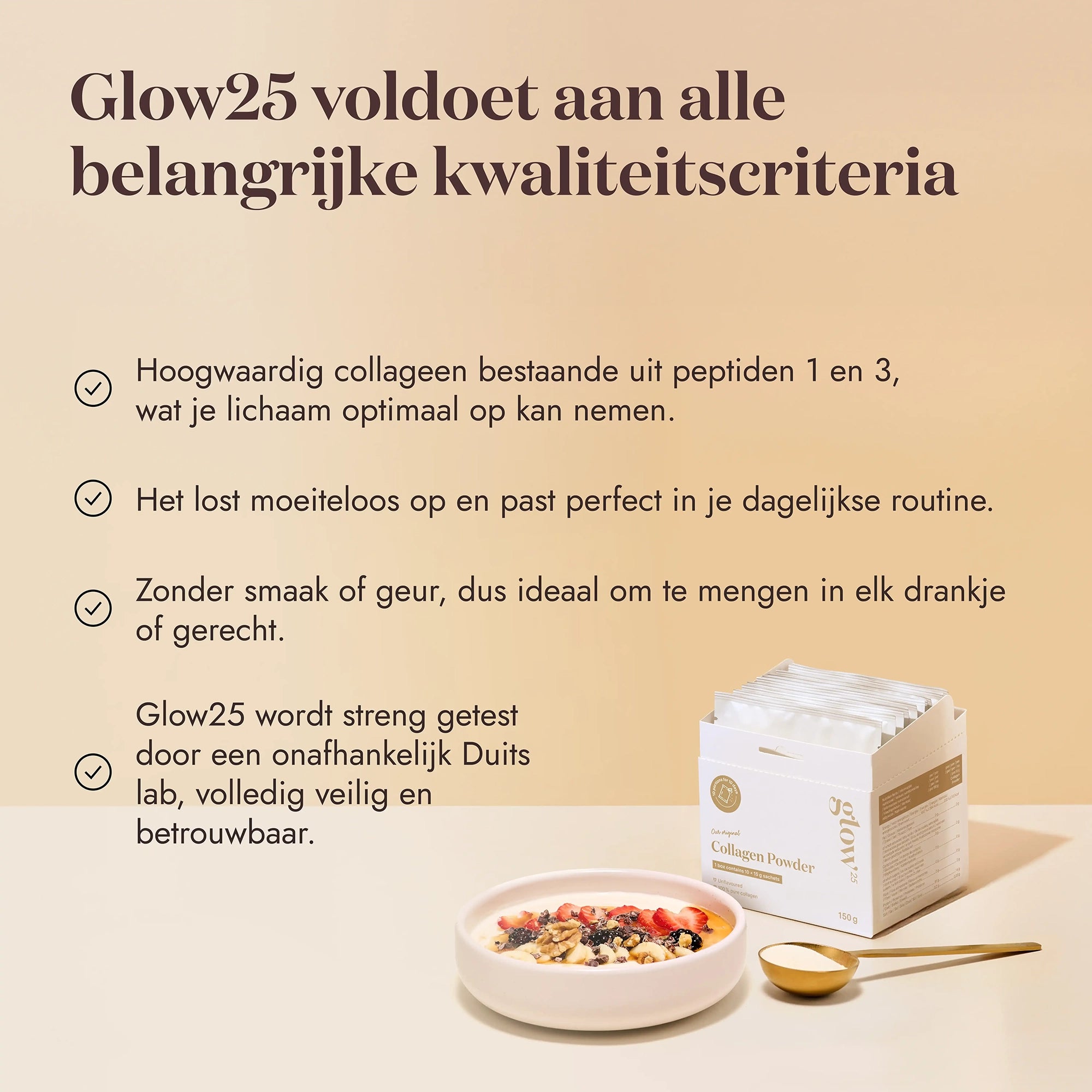 Grafische uitleg over collageen met voordelen van Glow25, gecombineerd met productbeeld en lepel op tafel, gericht op kwaliteitsbewuste gebruikers.
