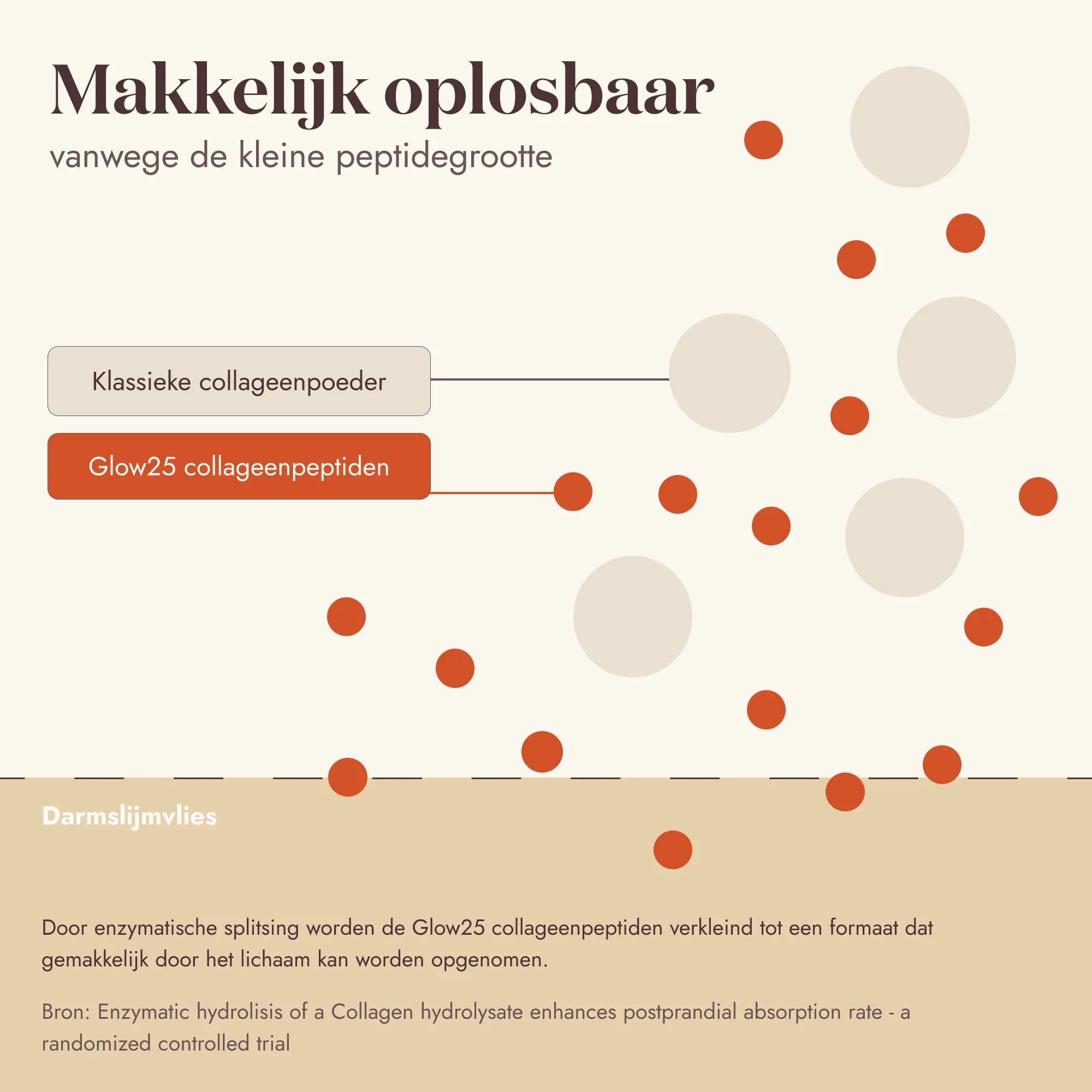 Informatiebord: Glow25 Collageen Vanille is makkelijk oplosbaar in koude en warme dranken, zonder klontjes. Enzymatisch behandeld.