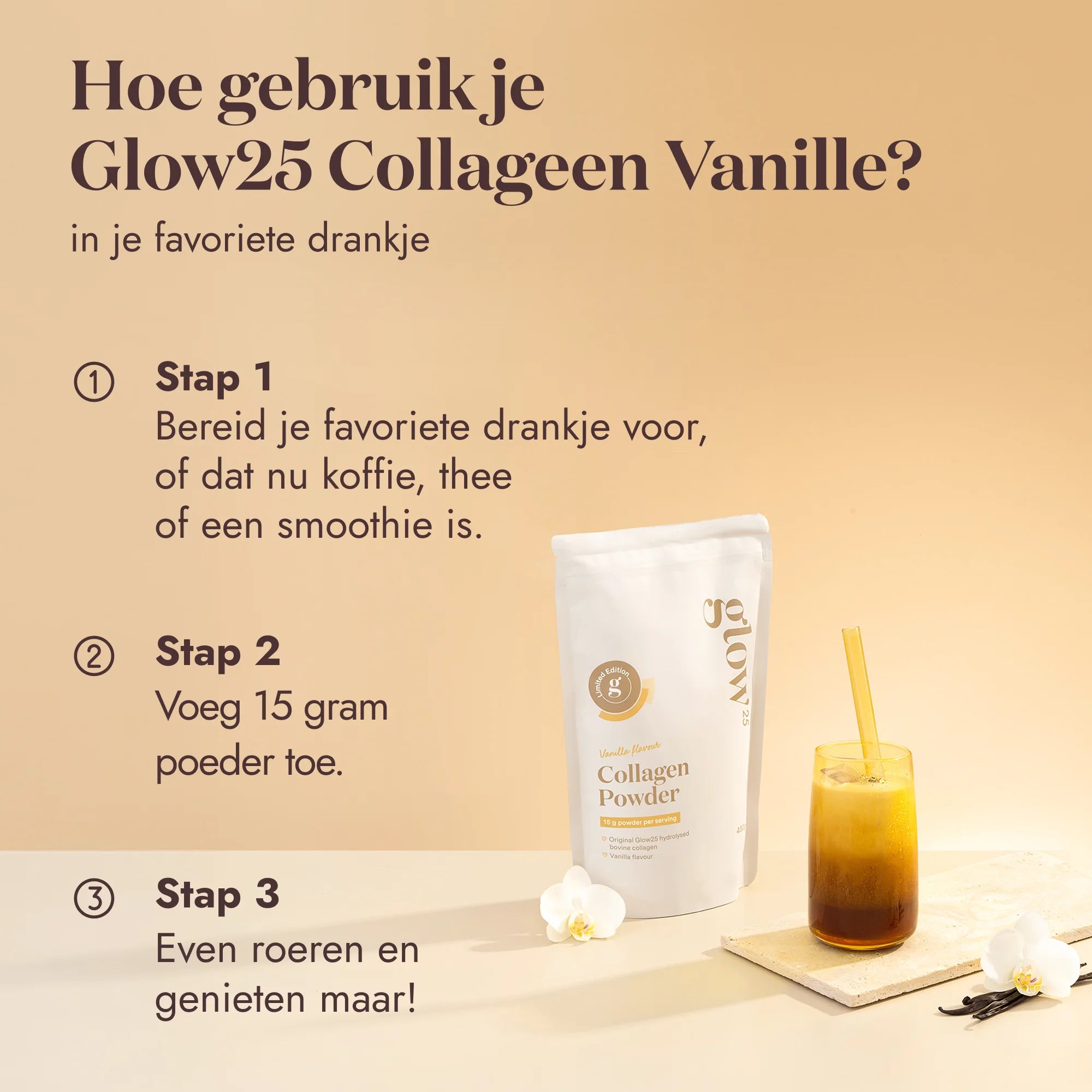 Voedingswaardetabel Glow25 Collageen Vanille, toont eiwitten, vitamines en mineralen per portie. Rundercollageen, vanillesmaak en gehydrolyseerd.