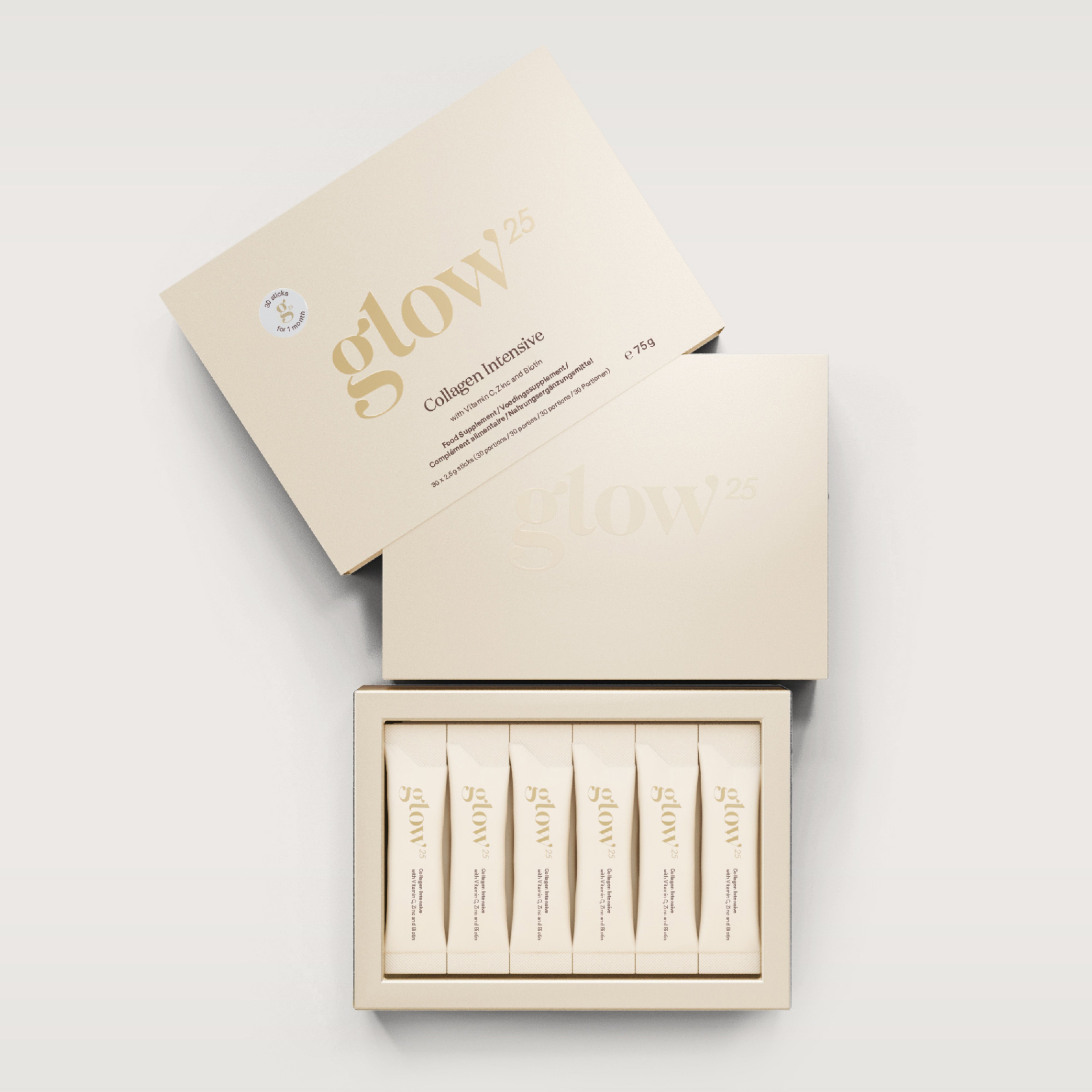 Packaging of 'glow' collagen-intensive products on a light background
