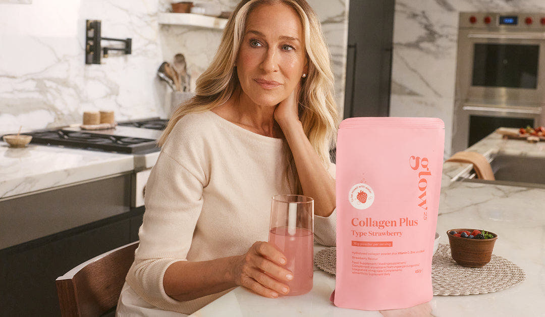 Sarah Jessica Parker drinking strawberry collagen