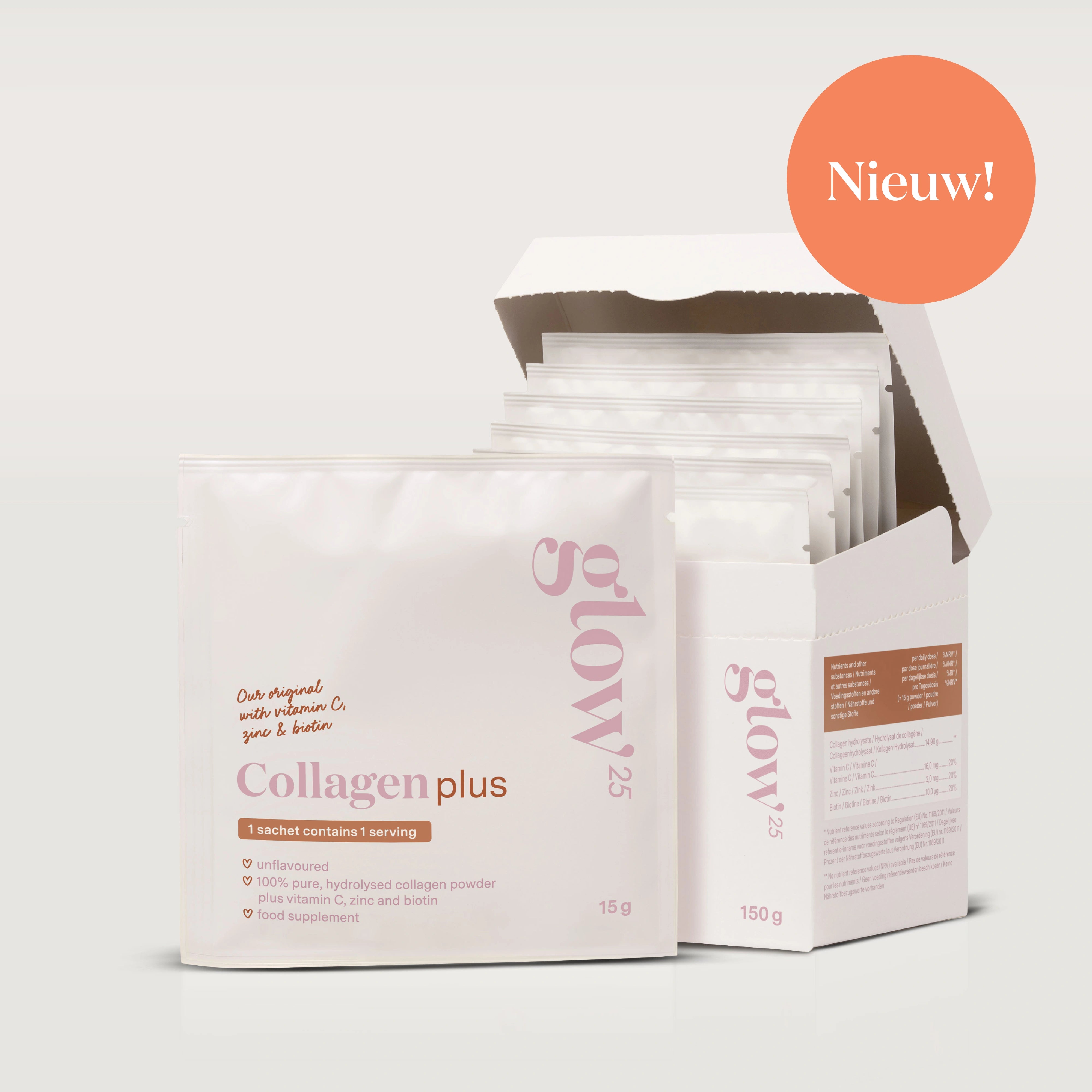 Glow25 Collageen Plus verpakking met oranje sticker “Nieuw”. Meerdere sachets, perfect voor op reis of onderweg.