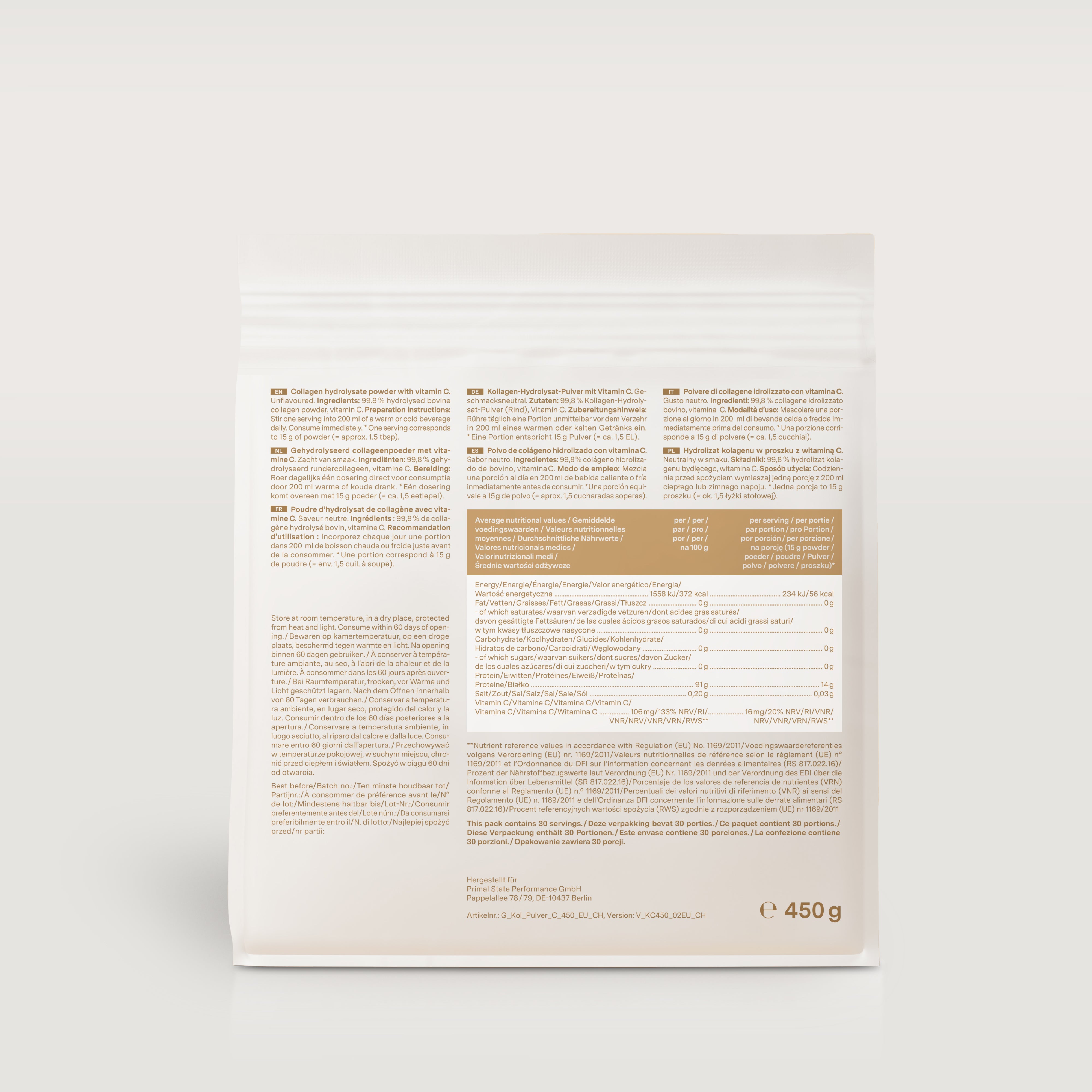 Achterkant van Glow25 Collageenpoeder verpakking met duidelijke voedingswaarden, ingrediënten en gebruiksaanwijzing.