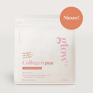 Verpakking Glow25 Collageen Plus met strakke witte en roze verpakking, ideaal voor dagelijks gebruik. 450 gram collageenpoeder, neutraal in smaak, gehydrolyseerd.