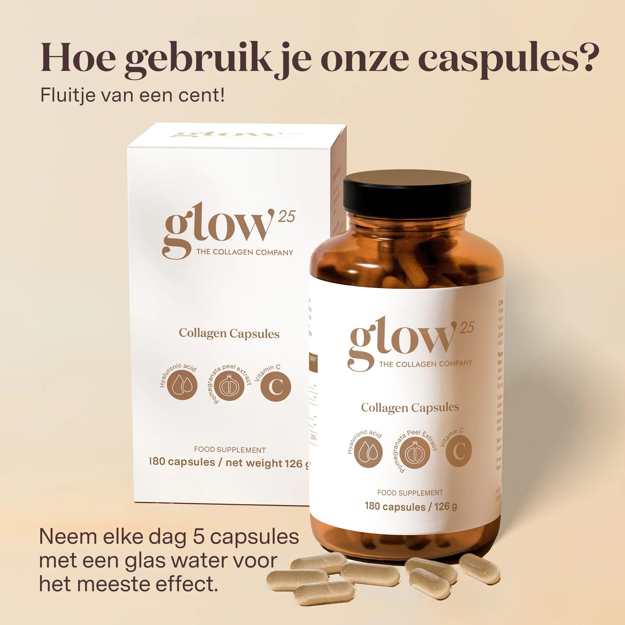 Uitleg over het gebruik van Glow25 Collageen Capsules, aanbevolen dagelijkse dosering en gebruiksinstructies.