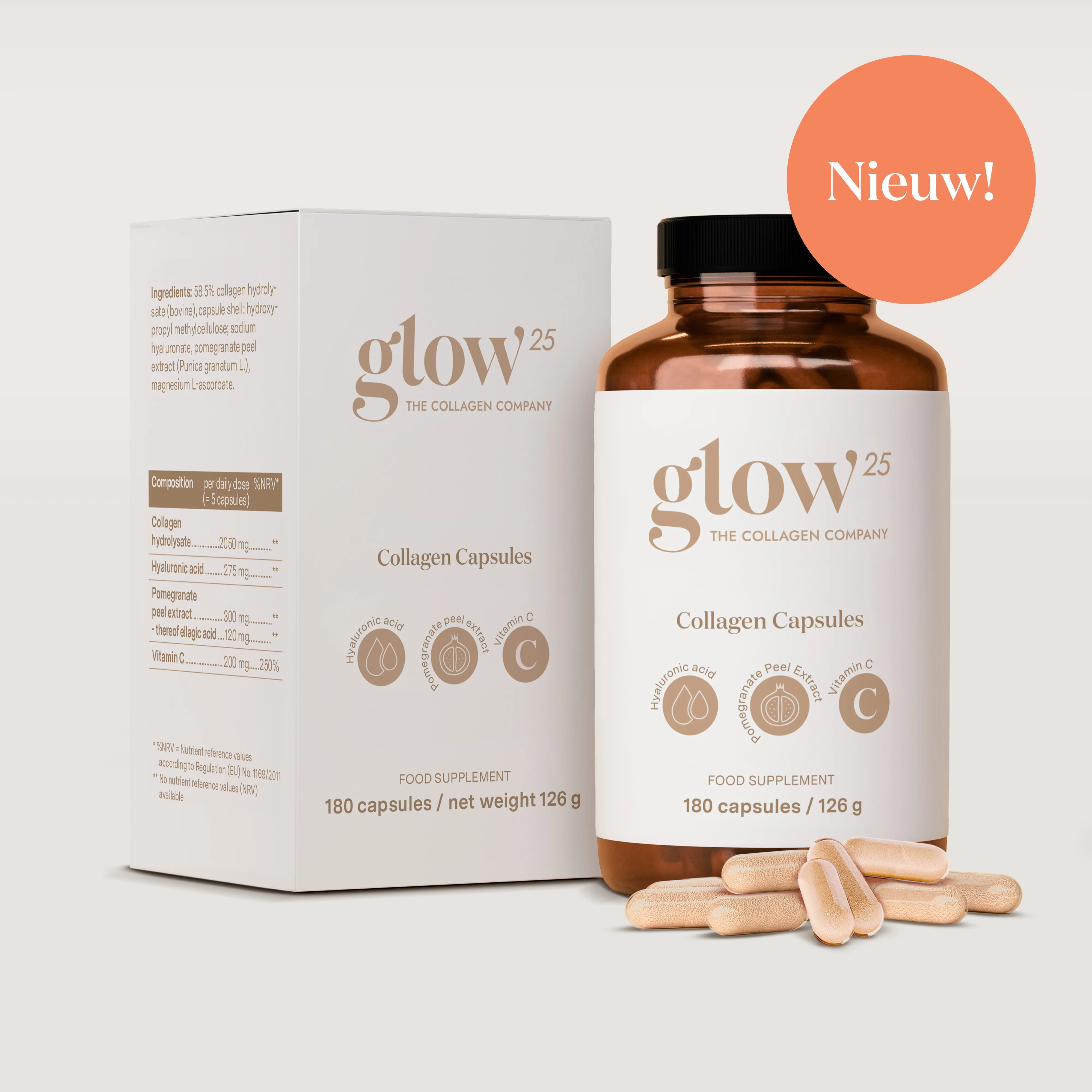 Glow25 Collageen Capsules potje naast verpakking, ideaal voor dagelijks gebruik.