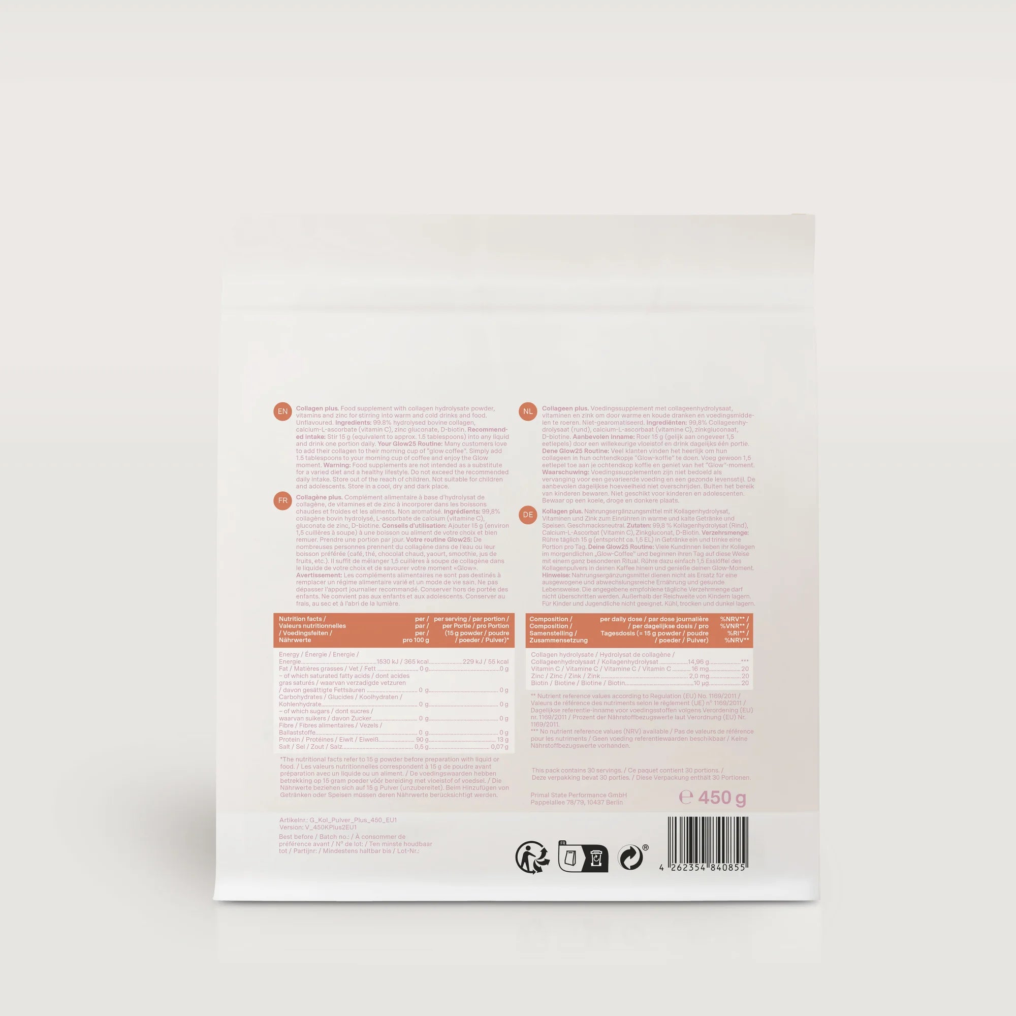 Achterkant van Glow25 Collageen Plus verpakking met ingrediënten en voedingsinformatie.