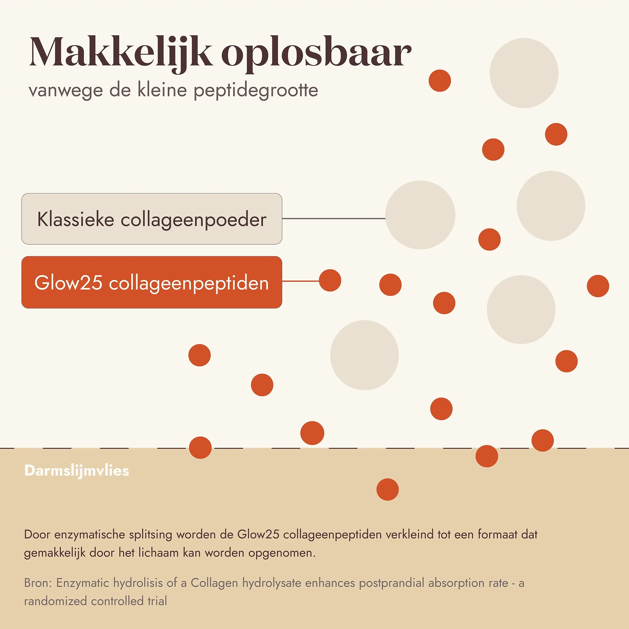 Vergelijking tussen klassieke collageenpoeder en Glow25, met focus op snelle, klontvrije oplosbaarheid dankzij fijne poederstructuur en enzymatische behandeling.