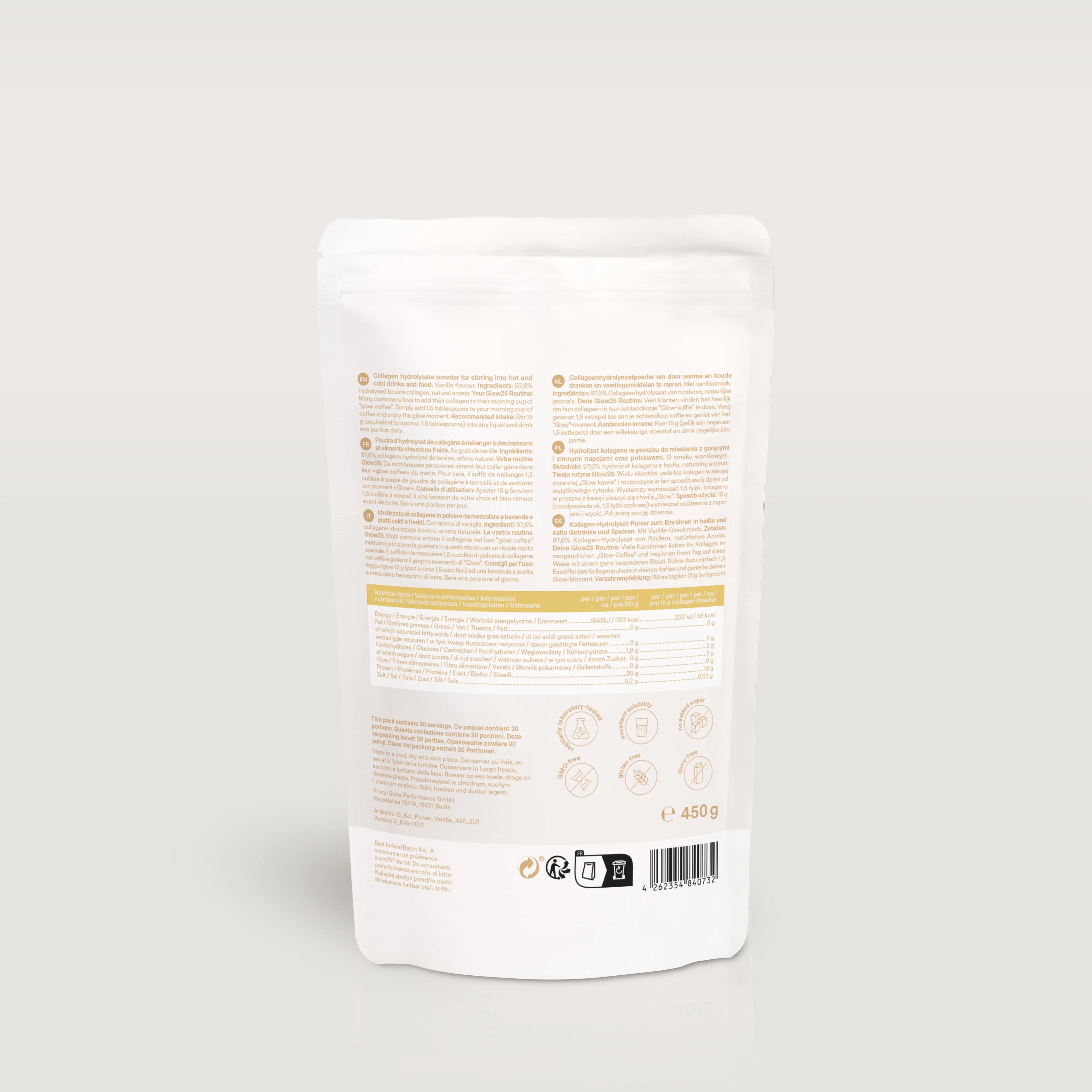 Achterkant van Glow25 Collagen Vanille verpakking met ingrediëntenlijst en voedingswaarden, transparante informatie.  450 gram.
