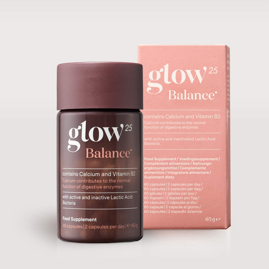 Glow25 Balance gut balance capsules packshot with vitamin B2 and calcium