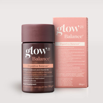 Glow25 Balance digestive balance capsules, bottle with its pink carton
