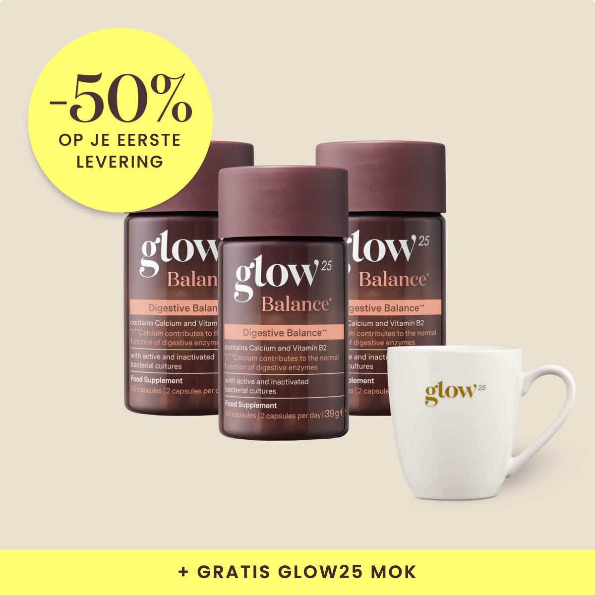 Glow25 Balance, 3 pakketten met gratis mok, Bynder-packshot